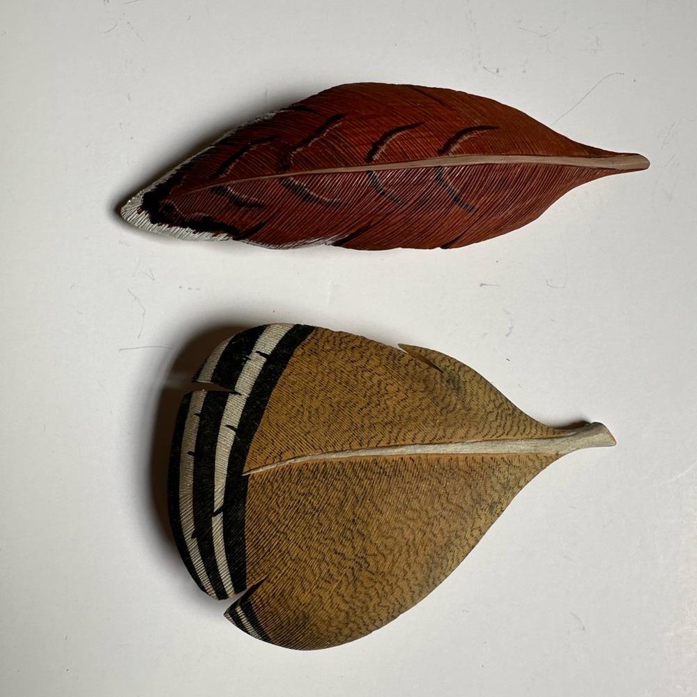 Vintage 90s Wood Carved Feather Hair Barrettes Handmade Signed Woodland Folk